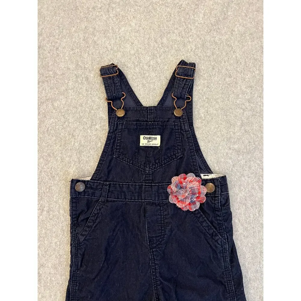 OshKosh B'gosh Baby Girls 2T 100% Cotton Overalls Corduroy 3D Flower Navy‎ Blue